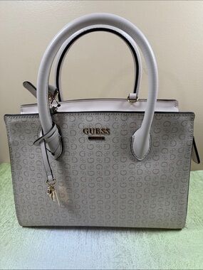 GUESS Cream Logo Monogram Satchel with Gold Accents